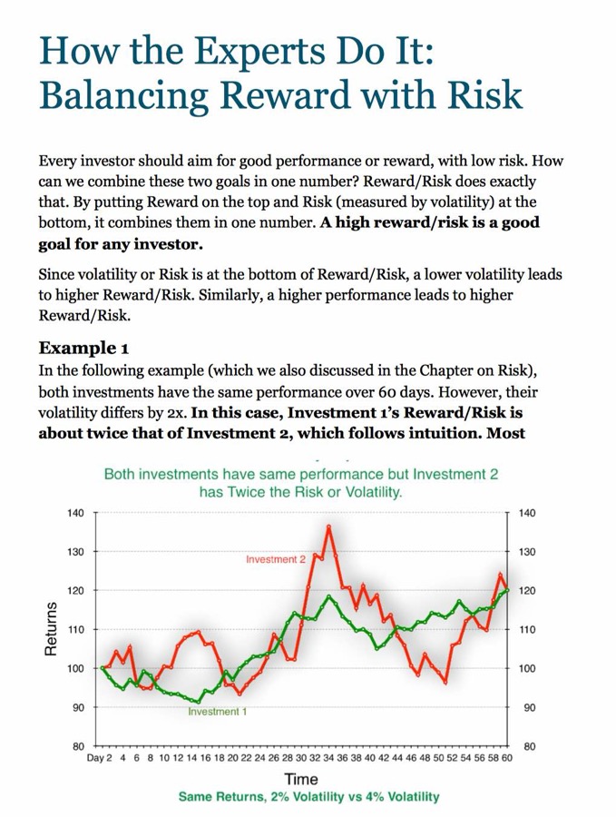 Sample page: How the Experts Do It, Balancing Reward with Risk, with a chart comparing two investments of equal return and different volatility
