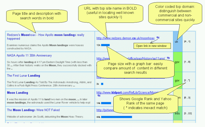 Annotated DoubleTrust results table showing titles, URLs with page-size bars, color-coded domains, and Google and Yahoo ranks for a search on moon landing